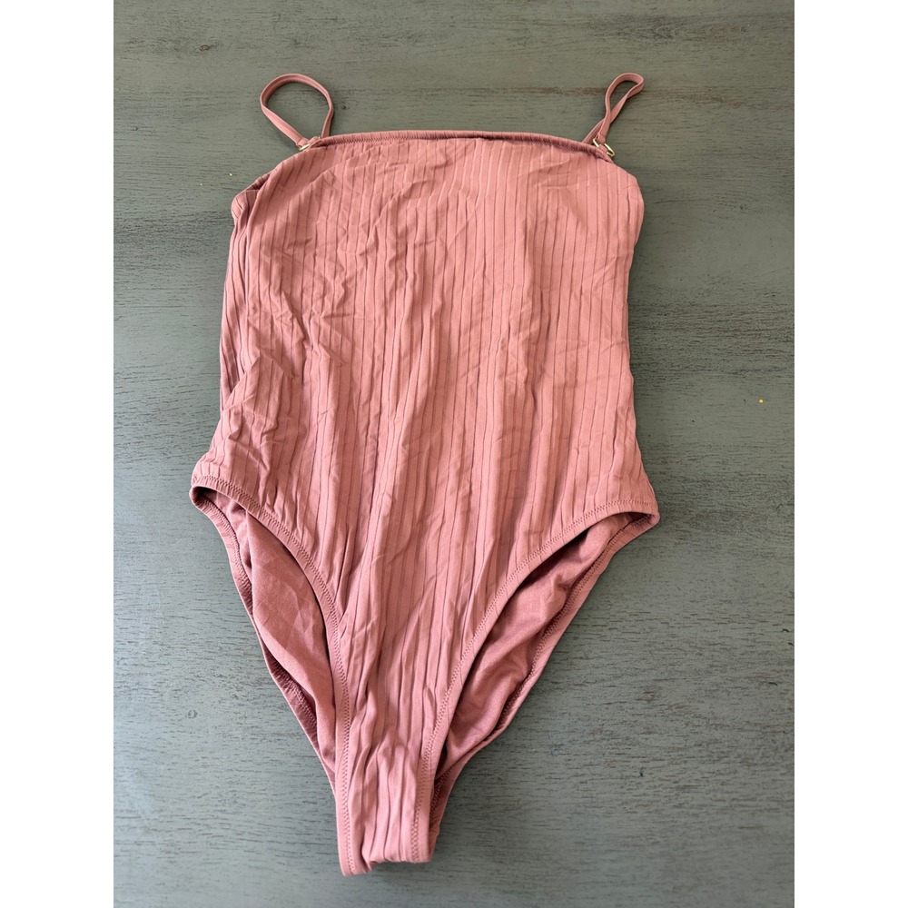 Shade & Shore Ribbed One Piece Swimsuit Dusty Rose Pink Large Adjustable Straps